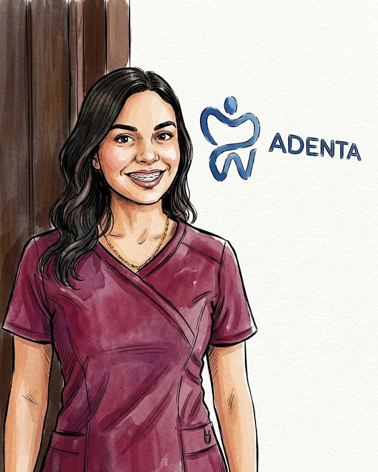 Retrato ilustrado de Dra. Viridiana Ruiz, Adenta Odontología